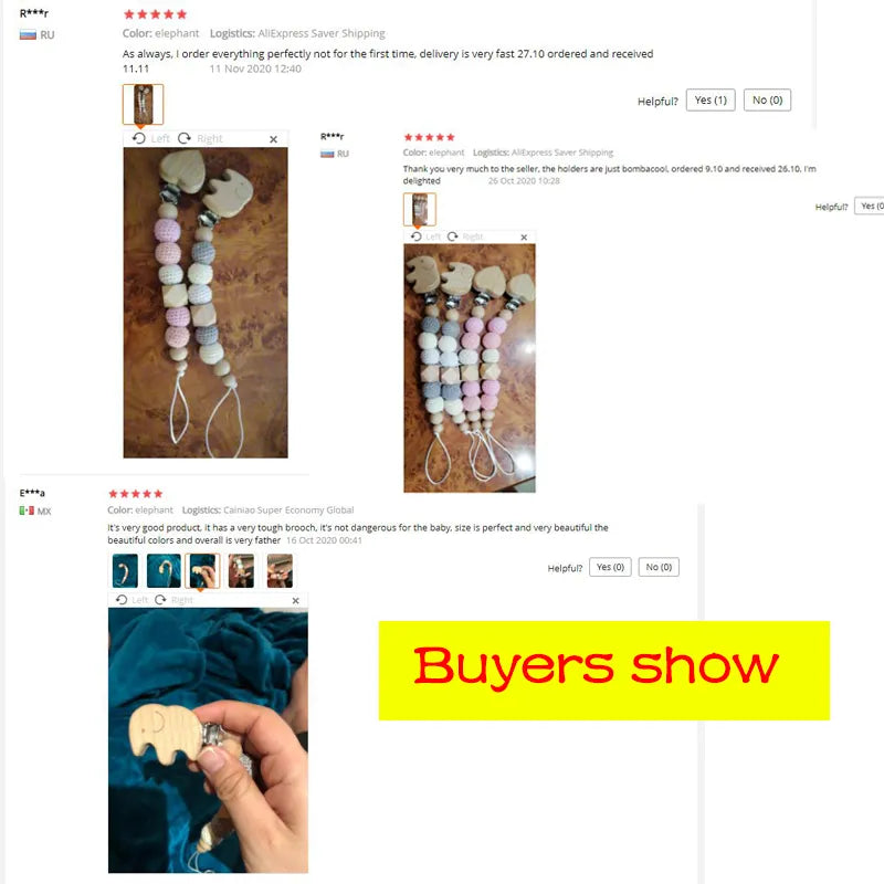 Baby Pacifier Chain Elephant Wooden Clip Geometric Crochet