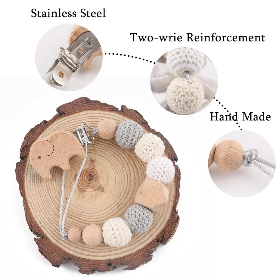 Baby Pacifier Chain Elephant Wooden Clip Geometric Crochet