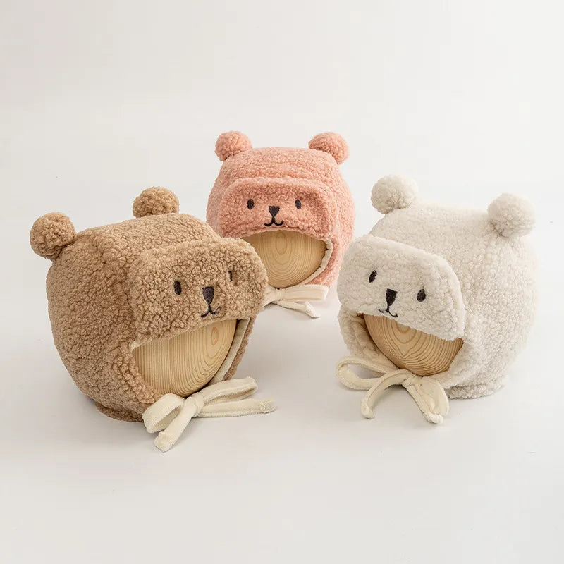 Cute Bear Baby Hat with Earflap Winter Warm Lamb Wool